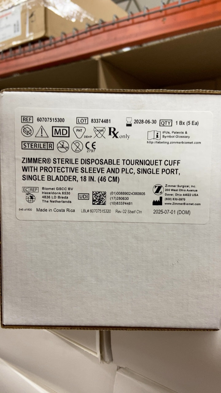 60707515300 - ZIMMER - ZIMMER® STERILE DISPOSABLE TOURNIQUET CUFF WITH PROTECTIVE SLEEVE AND PLC, SINGLE PORT, SINGLE BLADDER, 18 IN. (46 CM), (BX/5)