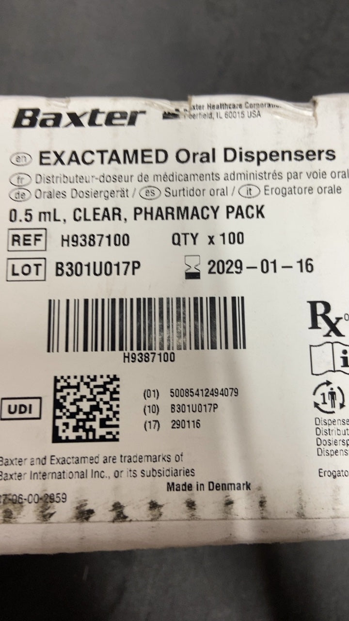 H9387100 - BAXTER - EXACTAMED Oral Dispensers, 0.5 mL, CLEAR, PHARMACY PACK, (BX/100)