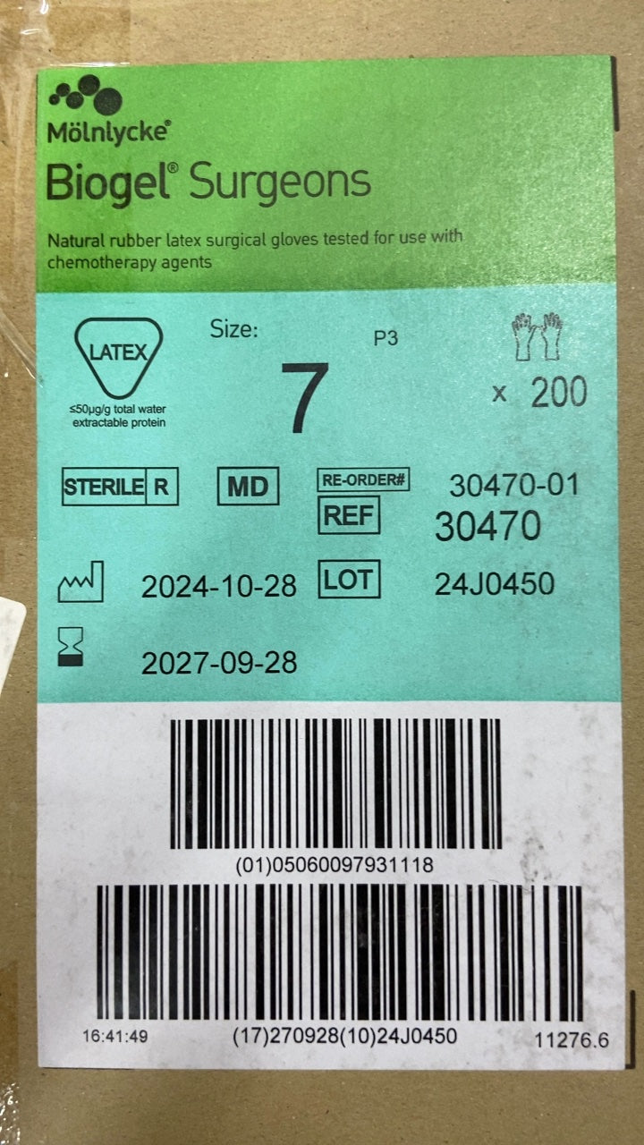 30470 - MÖLNLYCKE - Biogel Surgeons Natural rubber latex surgical gloves tested for use with chemotherapy agents, (CS/200)