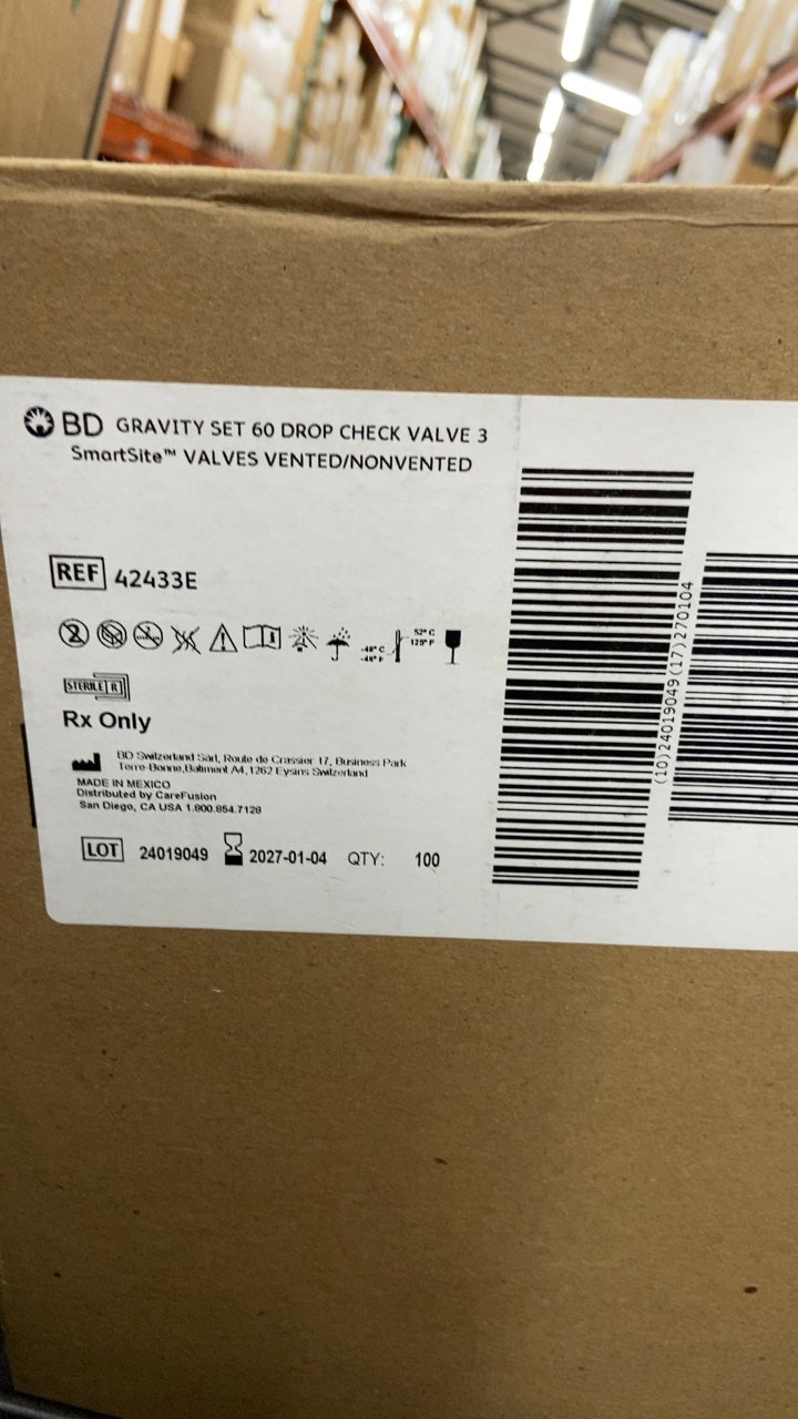 42433E - BD - GRAVITY SET 60 DROP CHECK VALVE 3 SmartSite VALVES VENTED/NONVENTED, (CS/100)