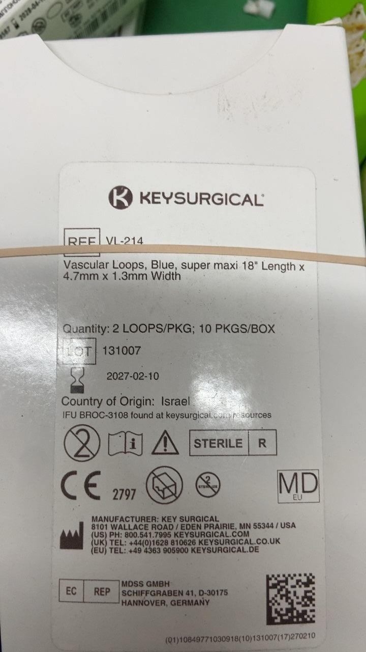 VL-214 - KEY SURGICAL - Vascular Loops, Blue, super maxi 18" Length x 4.7mm x 1.3mm Width, (BX/10)