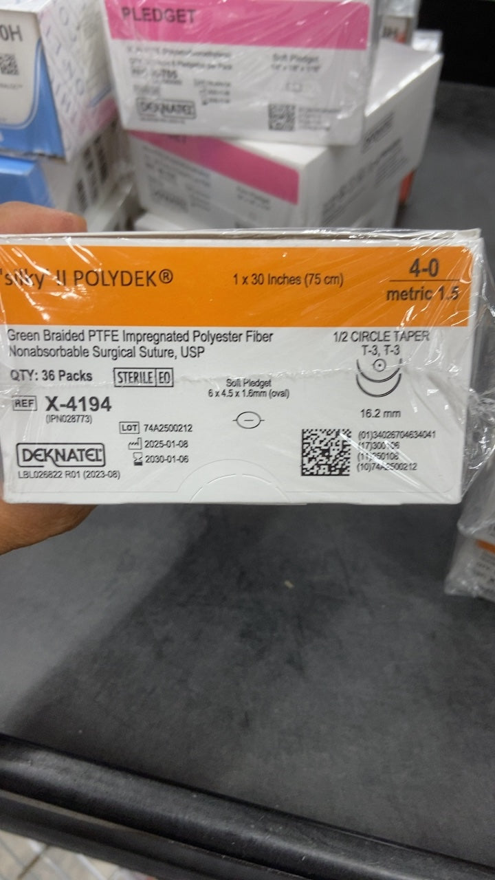 X-4194 - DEKNATEL - POLYDEK Green Braided PTFE Impregnated Polyester Fiber Nonabsorbable Surgical Suture, USP 4-0 metric/1.5 1x30 Inches (75 cm) 1/2 CIRCLE TAPER, (BX/36)