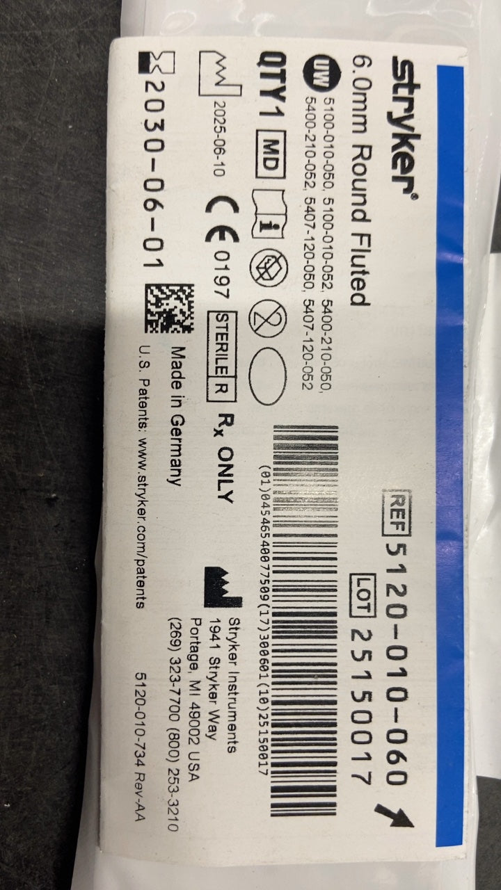 5120-010-060 - STRYKER - 6.0mm Round Fluted Bur, Medium, (EA/1)