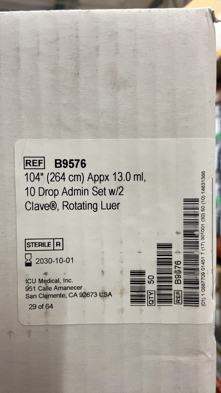 B9576 - ICU MEDICAL - 104" (264 cm) Appx 13.0 ml, 10 Drop Admin Set w/2 Clave®, Rotating Luer, (BX/50)