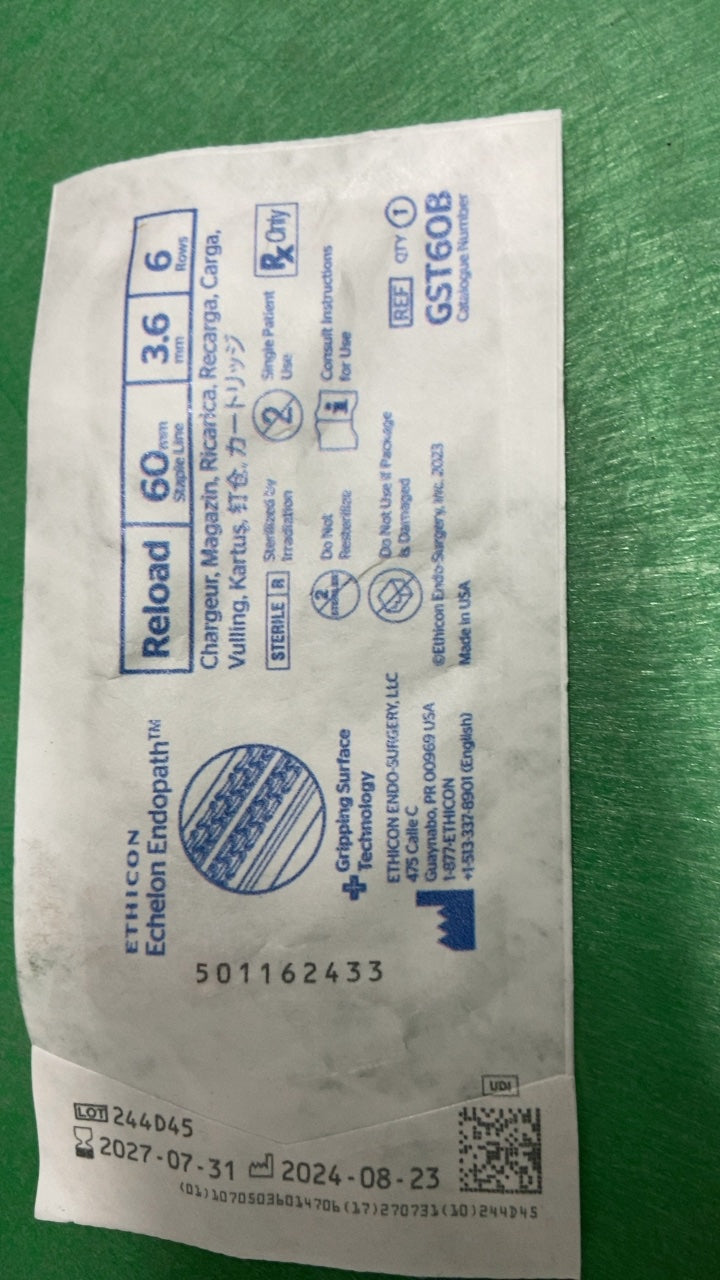 GST60B - ETHICON - Echelon Endopath Stapler Reload with Gripping Surface Technology, Blue, 3.6 Open x 1.5 mm Closed Height, (EA/1)