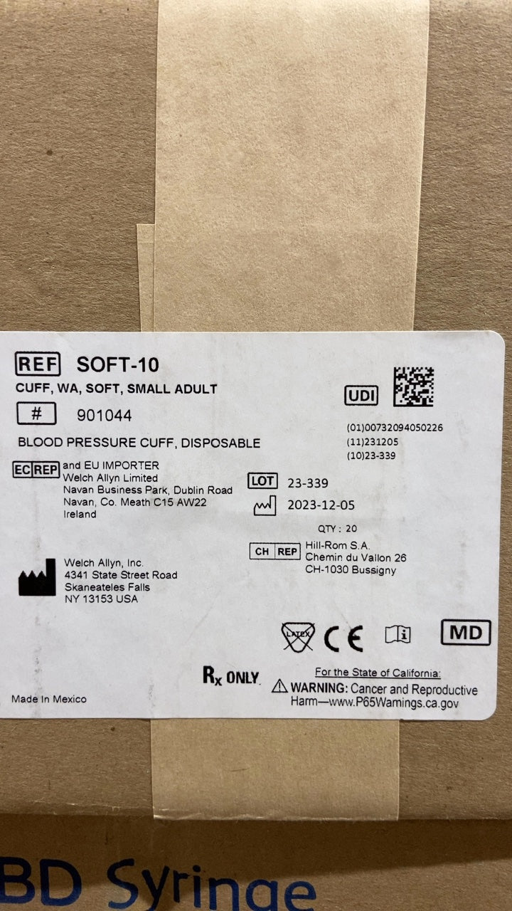 SOFT-10 - WELCH ALLYN - BLOOD PRESSURE CUFF, DISPOSABLE - CUFF, WA, SOFT, SMALL ADULT, (BX/20)