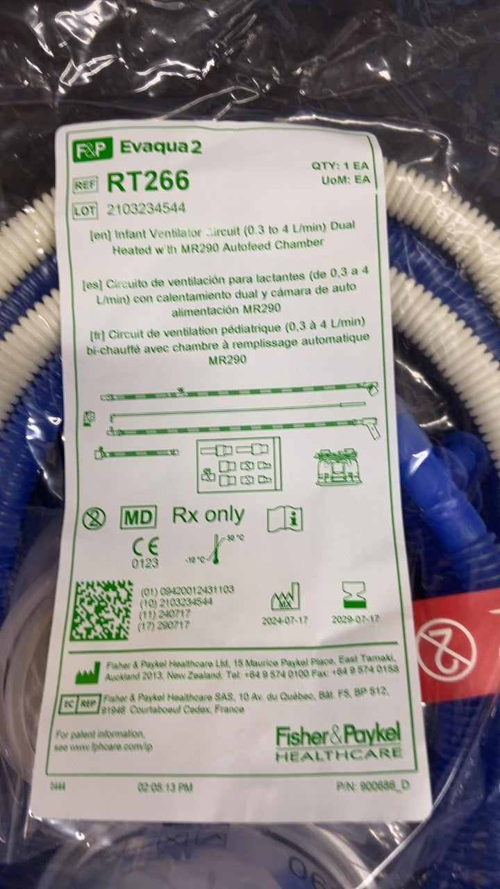 RT266 - FISHER & PAYKEL - Evaqua 2 Infant Ventilator Circuit (0.3 to 4 L/min) Dual Heated with MR290 Autofeed Chamber, (EA/1)