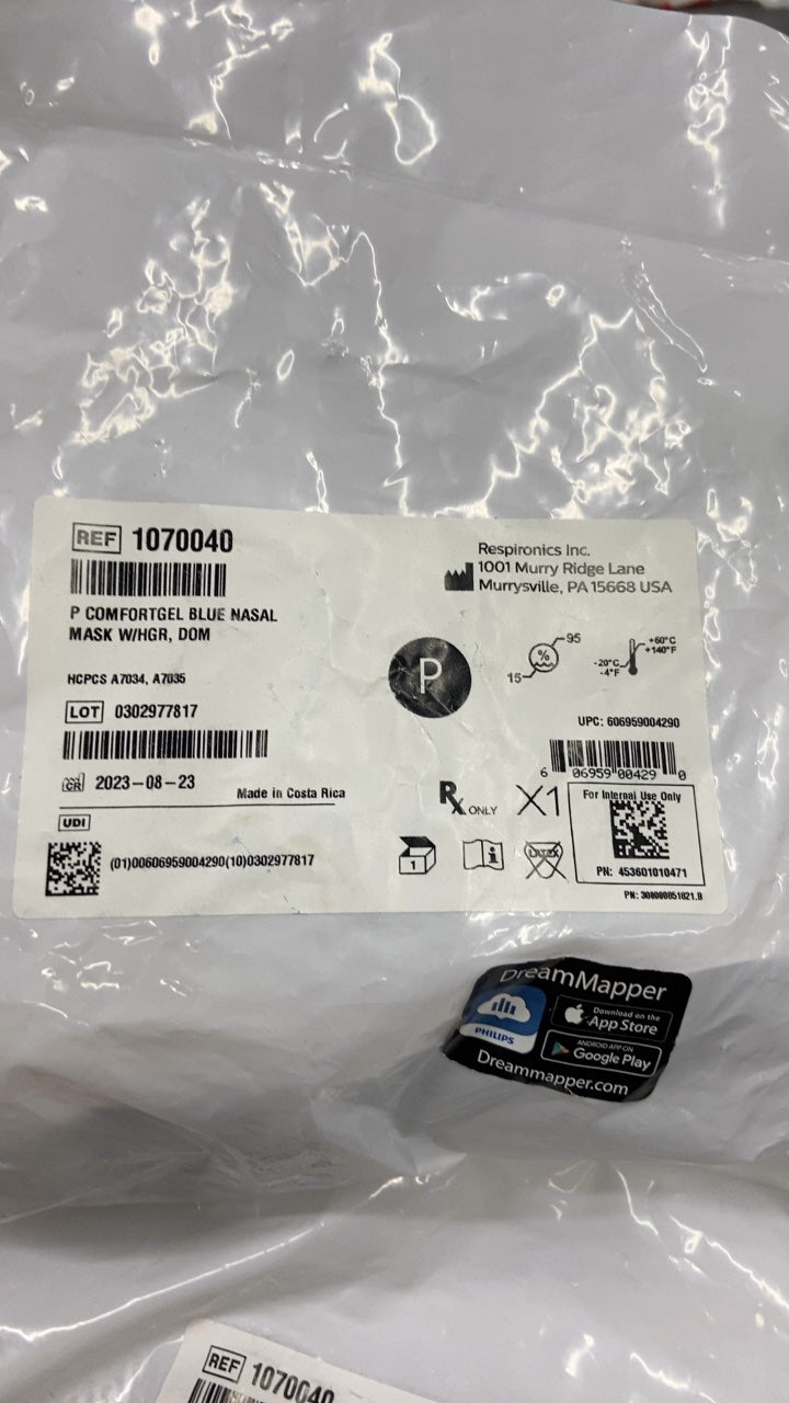 1070040 - RESPIRONICS - P COMFORTGEL BLUE NASAL MASK W/HGR, DOM, (EA/1)