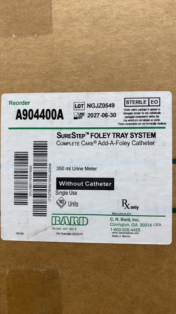 A904400A - BARD - SURESTEP FOLEY TRAY SYSTEM Complete Care Add-A-Foley Catheter 350 ml Urine Meter Without Catheter Single Use, (BX/10)