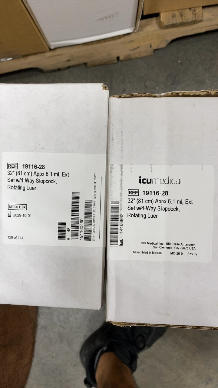 19116-28 - ICU MEDICAL - 32" (81 cm) Appx 6.1 ml, Ext Set w/4-Way Stopcock, Rotating Luer, (BX/48)
