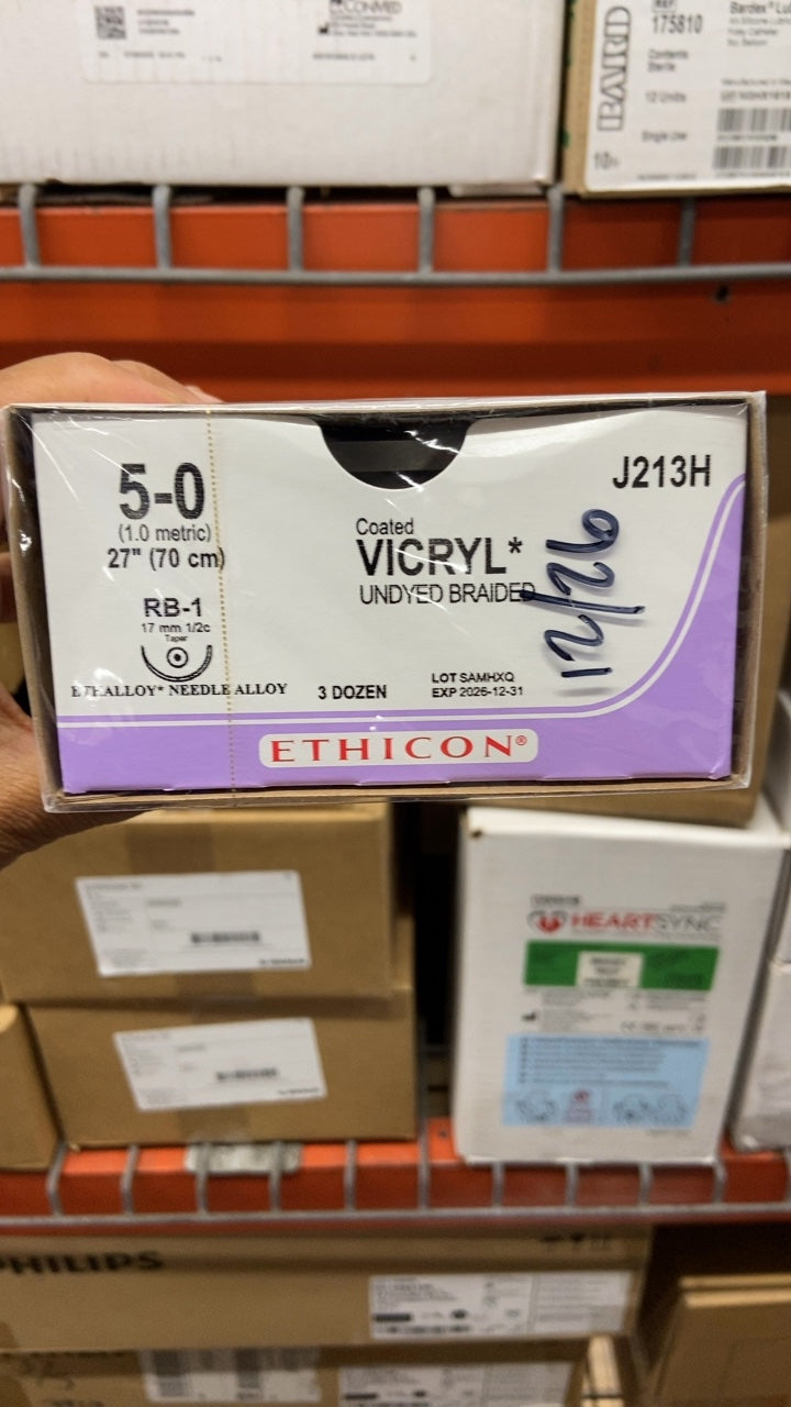 J213H - ETHICON - Coated Vicryl Absorbable Braided Polyglactin 910 Suture, Size 5-0, 27 in. Length, RB-1 Needle, (BX/36)