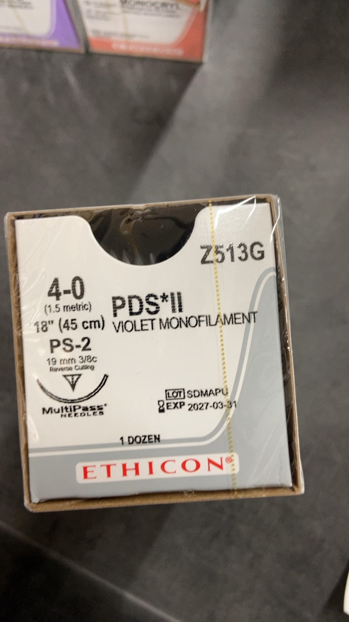 Z513G - ETHICON - PDS II Absorbable Monofilament Polydioxanone Suture, Size 4-0, 18 in. Length, PS-2 Needle, (BX/12)