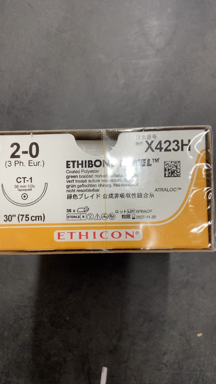 X423H - ETHICON - Ethibond Excel Non-Absorbable Braided Polyester Suture, Size 2-0, 30 in. Length, CT-1 Needle, (BX/36)