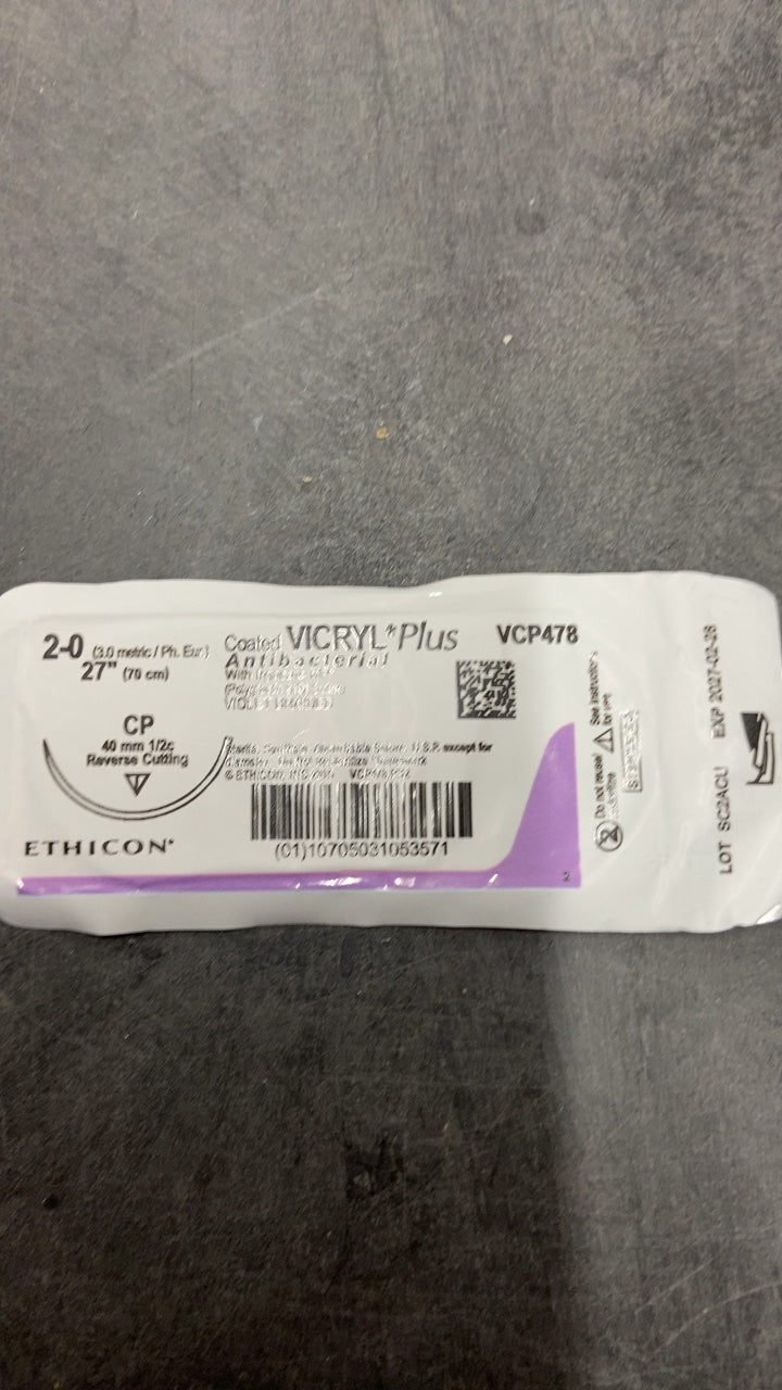 VCP478 - ETHICON - VICRYL Plus 2-0 27" (70 cm) CP 40mm 1/2c Reverse Cutting, (EA/1)