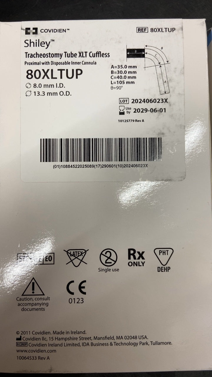 80XLTUP - COVIDIEN - Shiley Tracheostomy Tube XLT Cuffless Proximal with Disposable Inner Cannula, (BX/1)