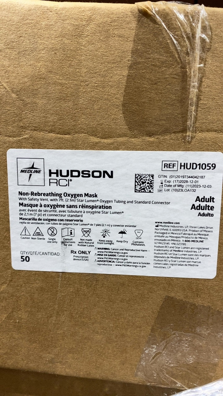 HUD1059 - MEDLINE - Non-Rebreathing Oxygen Mask with Safety Vent, with 7ft (2.1m) Star Lumen Oxygen Tubing and Standard Connector, (CS/50)