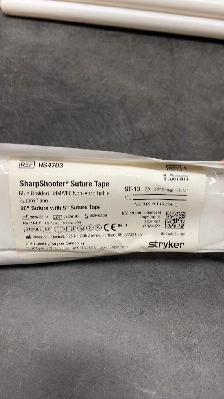 HS4703 - STRYKER - SharpShooter Suture Tape with 13 in. Straight Trocar Needle on Both Ends, Blue/Black, 5 in. Length, (EA/1)