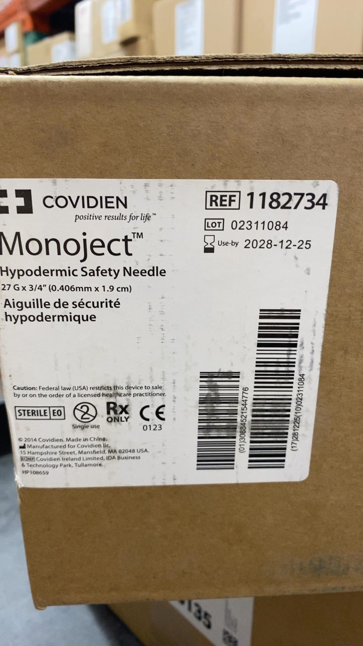 1182734 - COVIDIEN - Monoject™ Hypodermic Safety Needle 27 G x 3/4" (0.406mm x 1.9 cm), (CS/800)