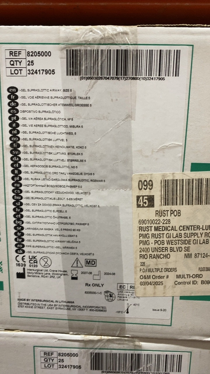8205000 - INTERSURGICAL - GEL SUPRAGLOTTIC AIRWAY SIZE 5, (BX/25)