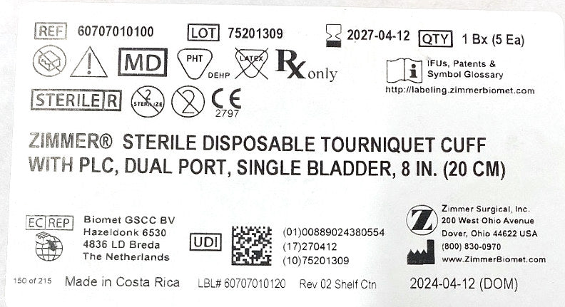 60707010100 - ZIMMER - ZIMMER® STERILE DISPOSABLE TOURNIQUET CUFF WITH PLC, DUAL PORT, SINGLE BLADDER, 8 IN. (20 CM), (BX/5)