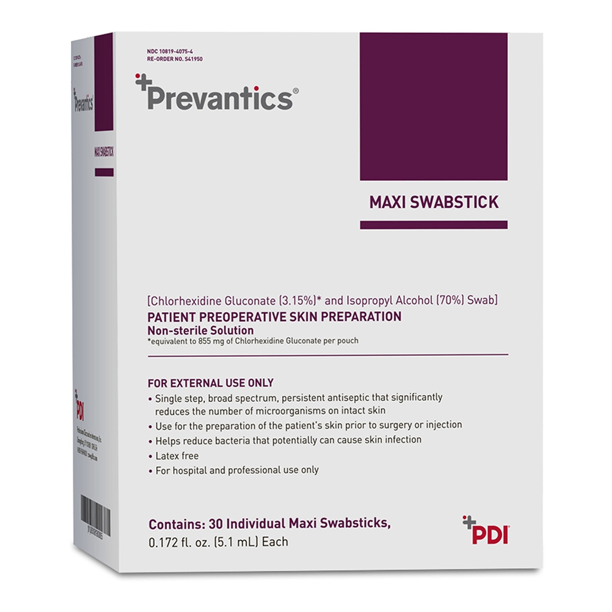 545438 - PDI - Prevantics Maxi Impregnated Swabstick 3.15% CHG, Individual Packet, S41950, Box of 30, (BX)