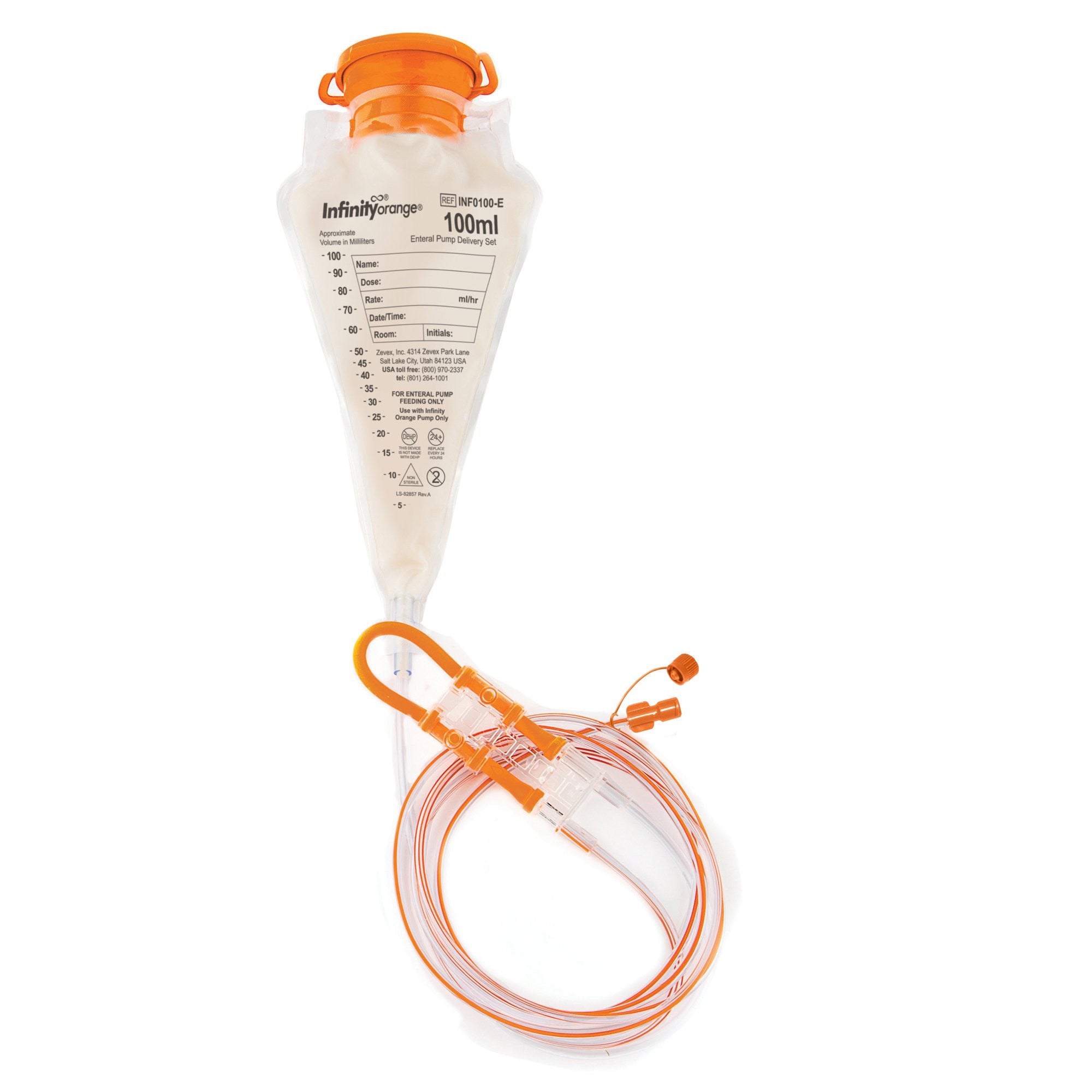 1211721 - Infinity - Infinity Orange Enteral Feeding Pump Bag Set with ENFit Connector 100 mL Silicone NonSterile ENFit Connector, INF0100-E, Case of 30, (CS)