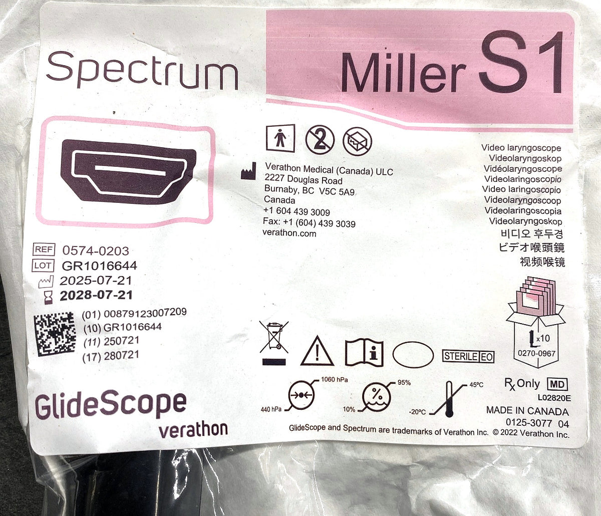 0574-0203 - VERATHON MEDICAL - GlideScope® Spectrum™ Miller S1, (EA/1)