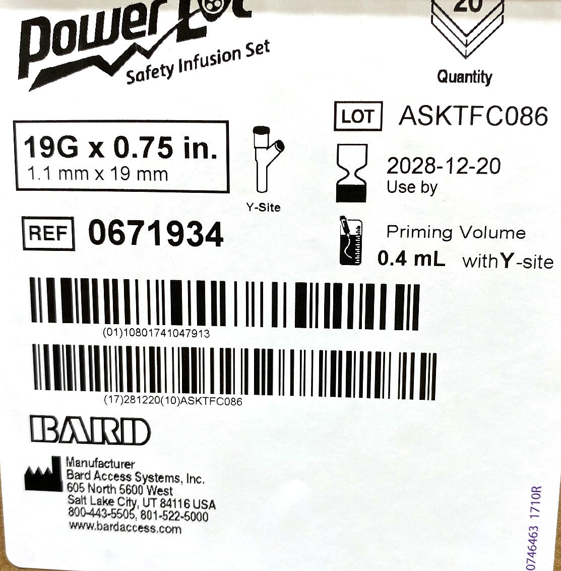 0671934 - BARD - PowerLoc 19G x 0.75 inch with y-site, (BX/20)