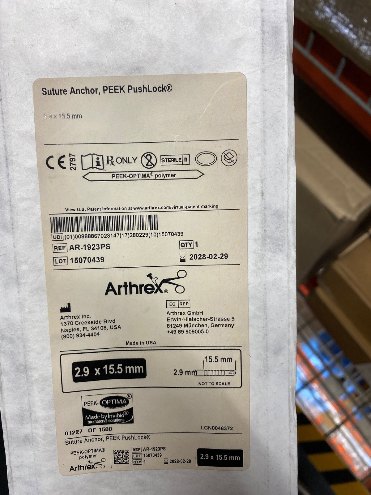 AR-1923PS - ARTHREX - PushLock PEEK Suture Anchor, 2.9 dia. x 15.5 mm Length, (EA/1)