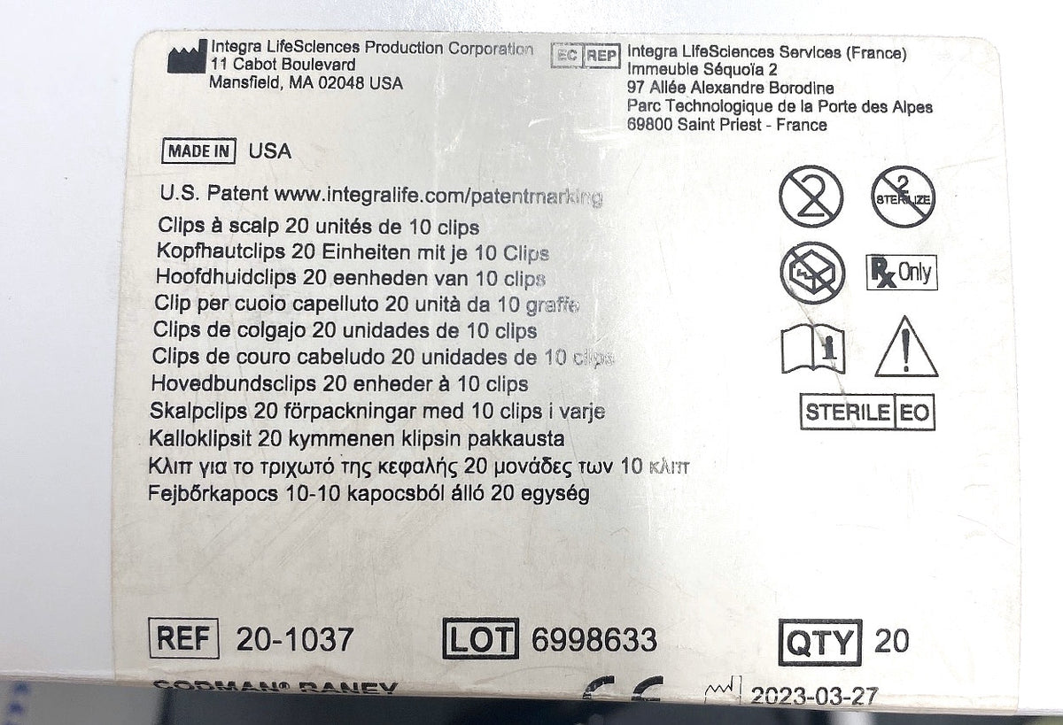 20-1037 - INTEGRA - CODMAN® RANEY Scalp Clips 20 Units of 10 Clips, (BX/20)