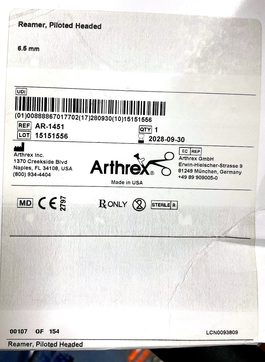 AR-1451 - ARTHREX - REAMER, PILOTED HEADED, 6.5MM, (BX/1)