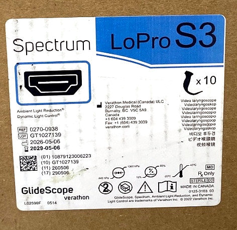 0270-0938 - VERATHON MEDICAL - GlideScope® Spectrum™ LoPro S3, (BX/10)