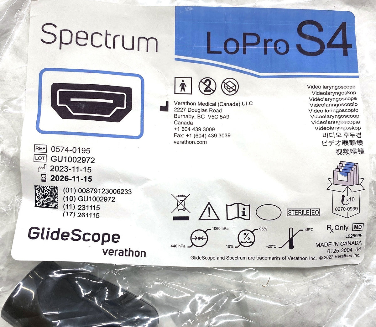 0574-0195 - VERATHON MEDICAL - GlideScope® Spectrum™ LoPro S4, (EA/1)