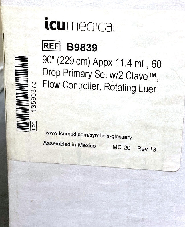 B9839 - ICU MEDICAL - 90" (229 cm) Appx 11.0 mL, 60 Drop Primary Set w/BCV-Clave®, Clave®, Flow Controller, Rotating Luer, (BX/25)