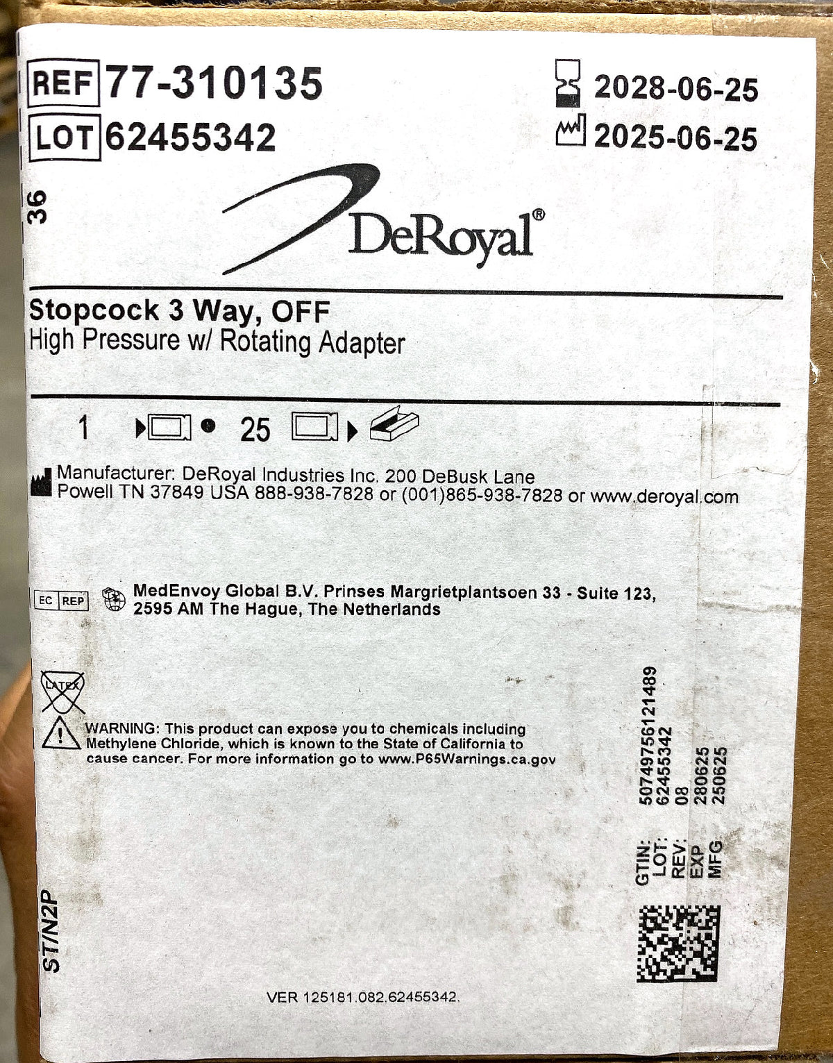 77-310135 - DEROYAL - Stopcock 3 Way, OFF, (BX/25)