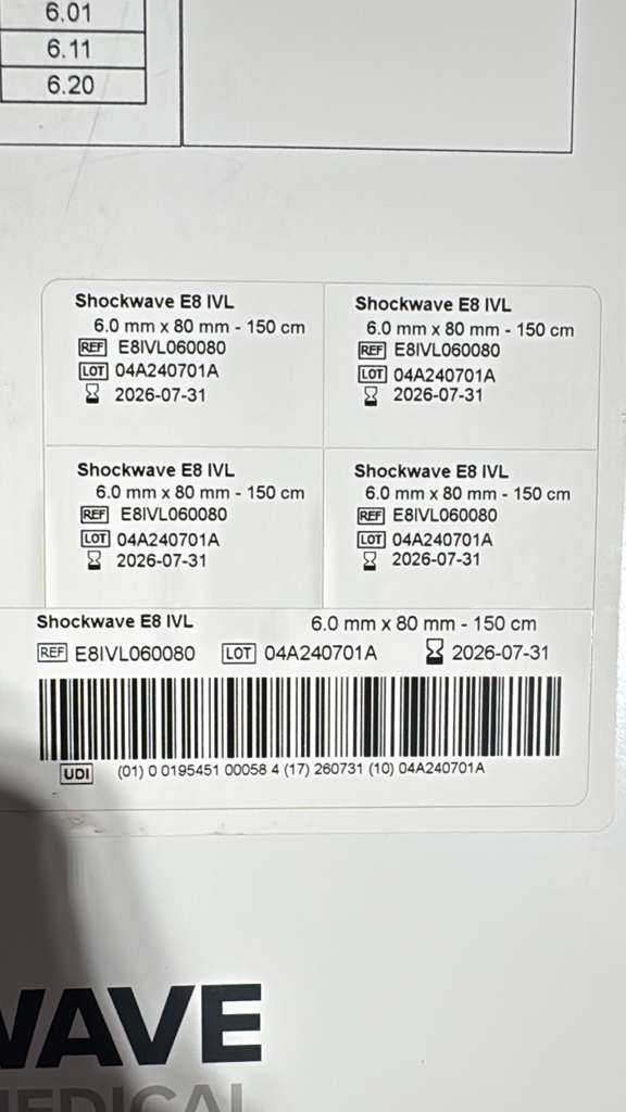 E8IVL060080 - Shockwave Medical - Shockwave Intravascular Lithotripsy System with Shockwave E8 Periphera 6mm x 80mm, (EA)