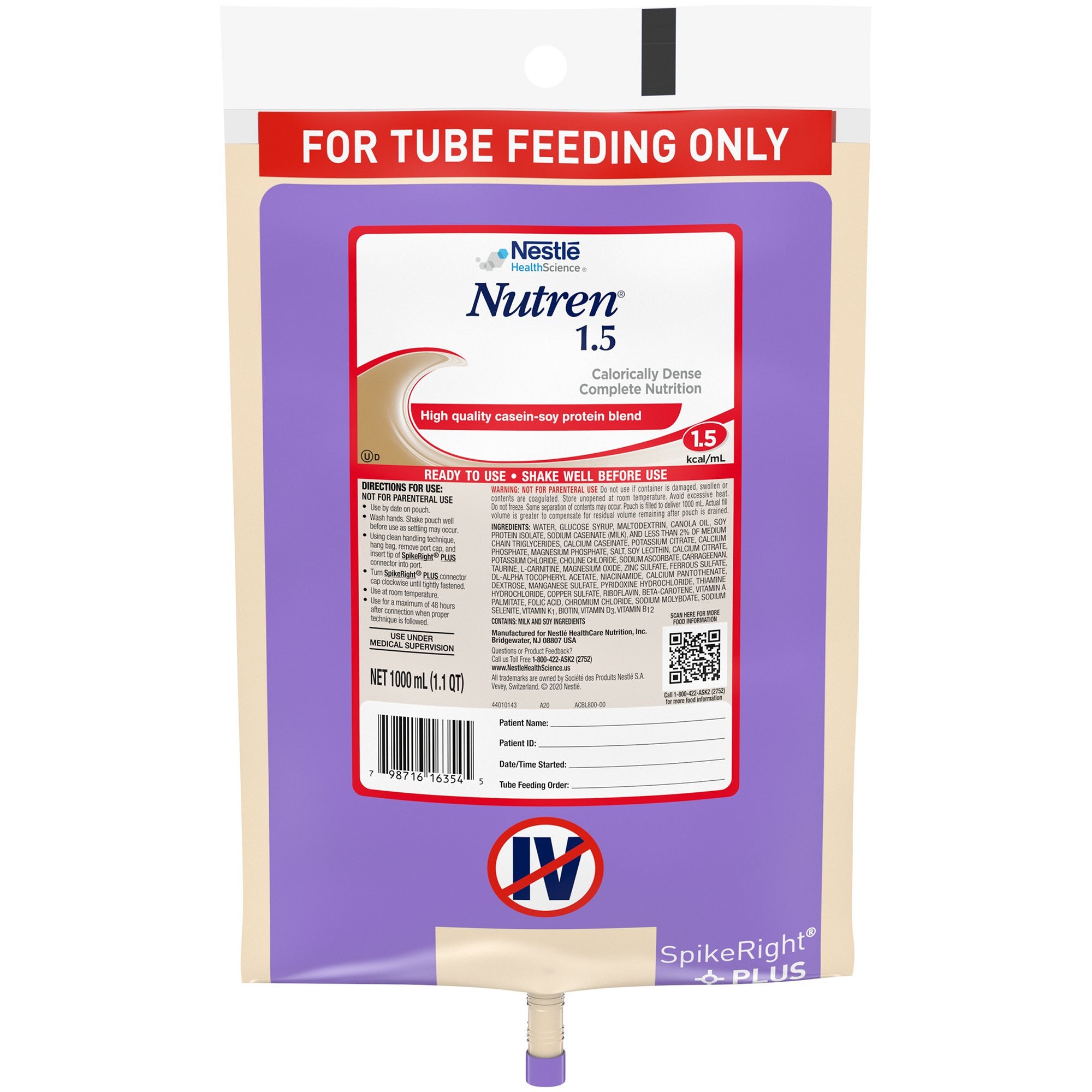 669415 - Nutren - Nutren 1.5 Tube Feeding Formula Unflavored Liquid 1000 mL Ready to Hang Prefilled Container Pack of 1, (EA)