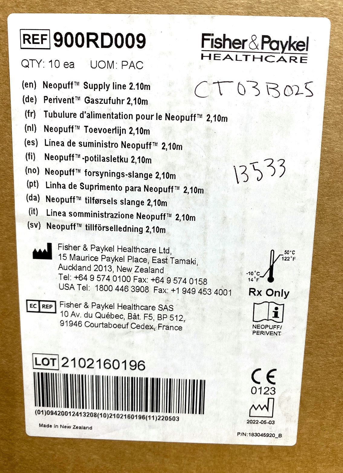 900RD009 - FISHER & PAYKEL - Neopuff supply line 2.10m, (BX/10)