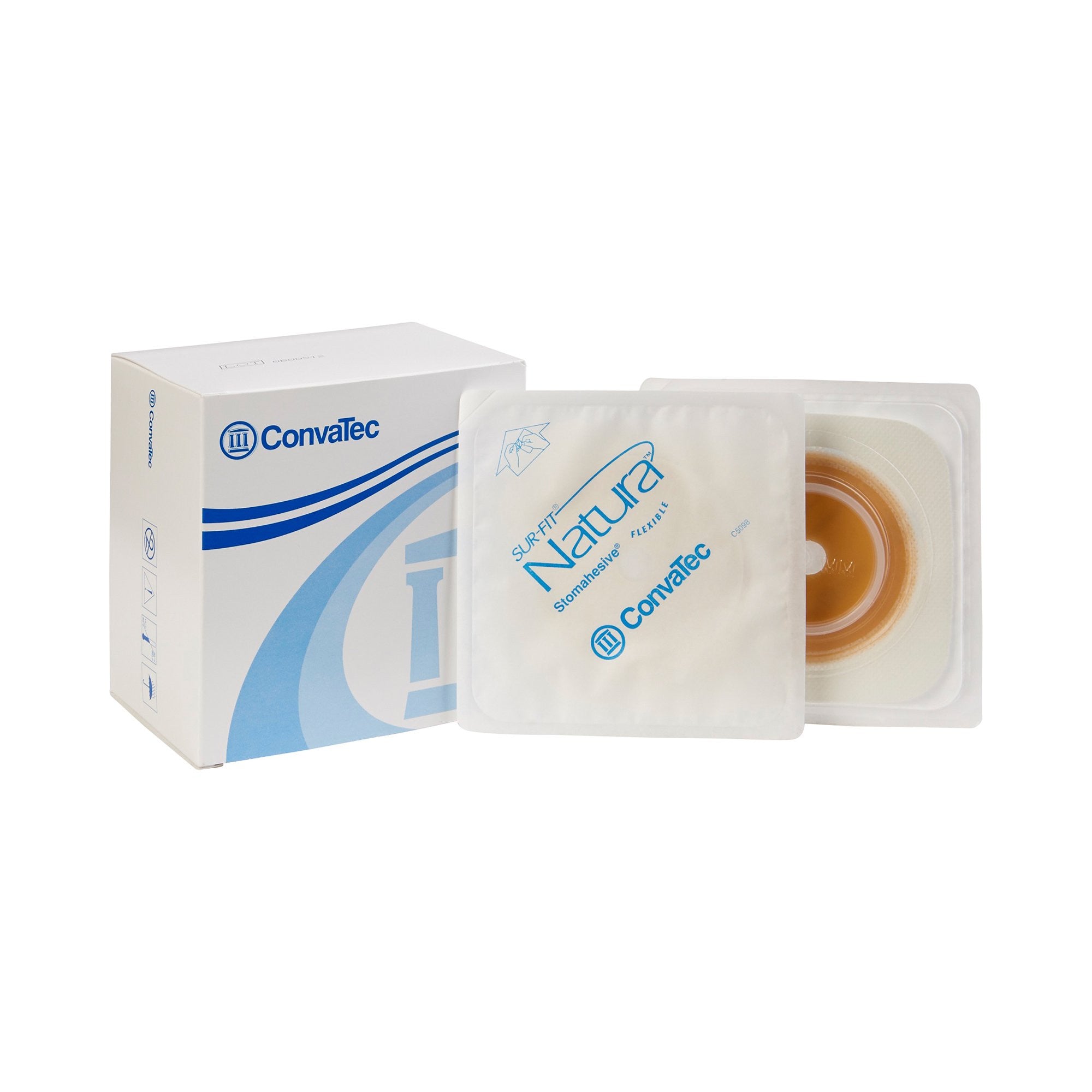 325406 - Sur-Fit Natura - Ostomy Barrier Sur-Fit Natura Trim to Fit, Standard Wear Stomahesive White Tape 45 mm Flange Sur-Fit Natura System Hydrocolloid Up to 1 to 1-1/4 Inch Opening 4 x 4 Inch 125259 Box of 10, (BX)