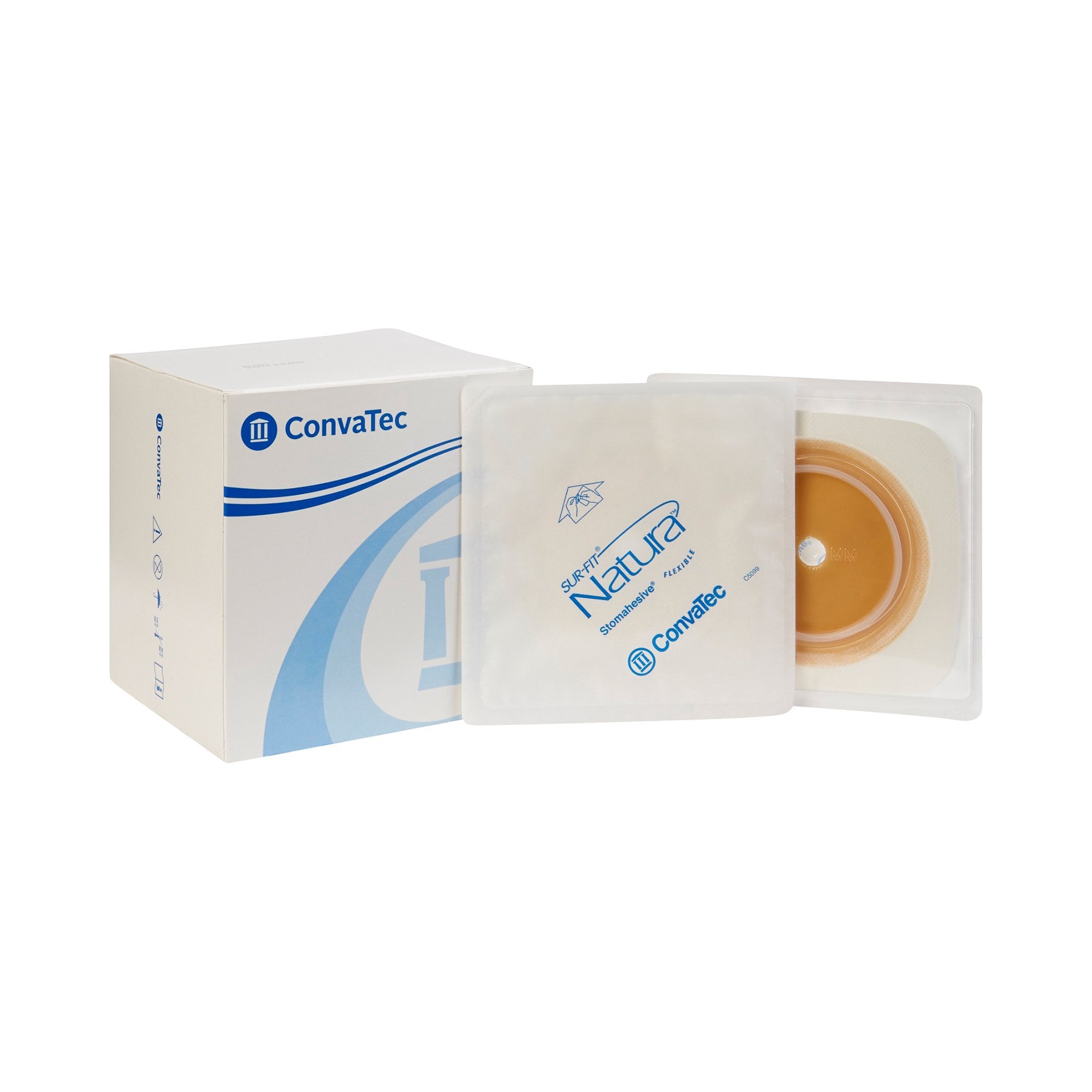 325408 - Sur-Fit Natura - Ostomy Barrier Sur-Fit Natura Trim to Fit, Standard Wear Stomahesive Tape 70 mm Flange Sur-Fit Natura System Hydrocolloid 1-7/8 to 2-1/2 Inch Opening 5 x 5 Inch 125261 Box of 10, (BX)