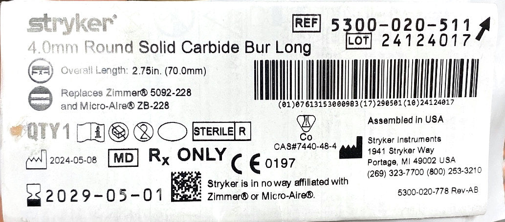 5300-020-511 - STRYKER - 4.0mm Round Solid Carbide Bur Long, (EA/1)