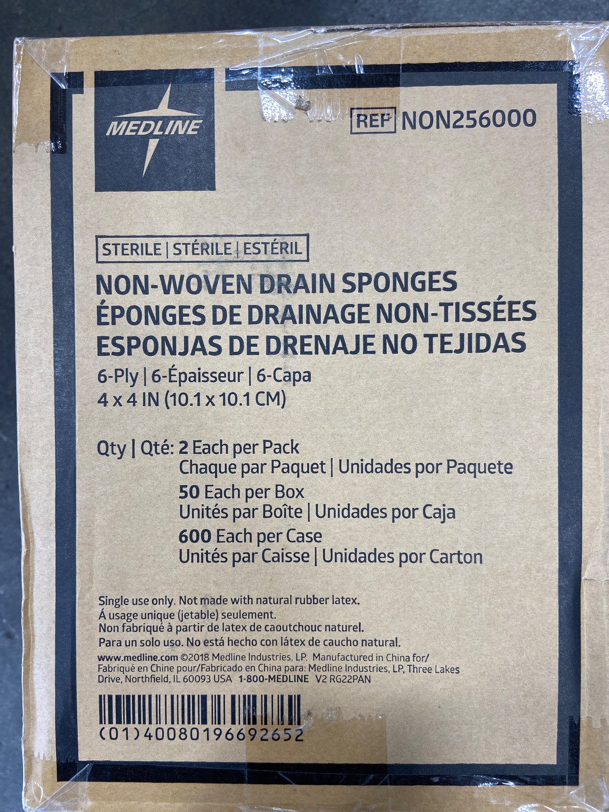 NON256000 - MEDLINE - GAUZE,SPONGE,DRAIN,4"X4",6PLY,STRL,2'S, (BX/600)