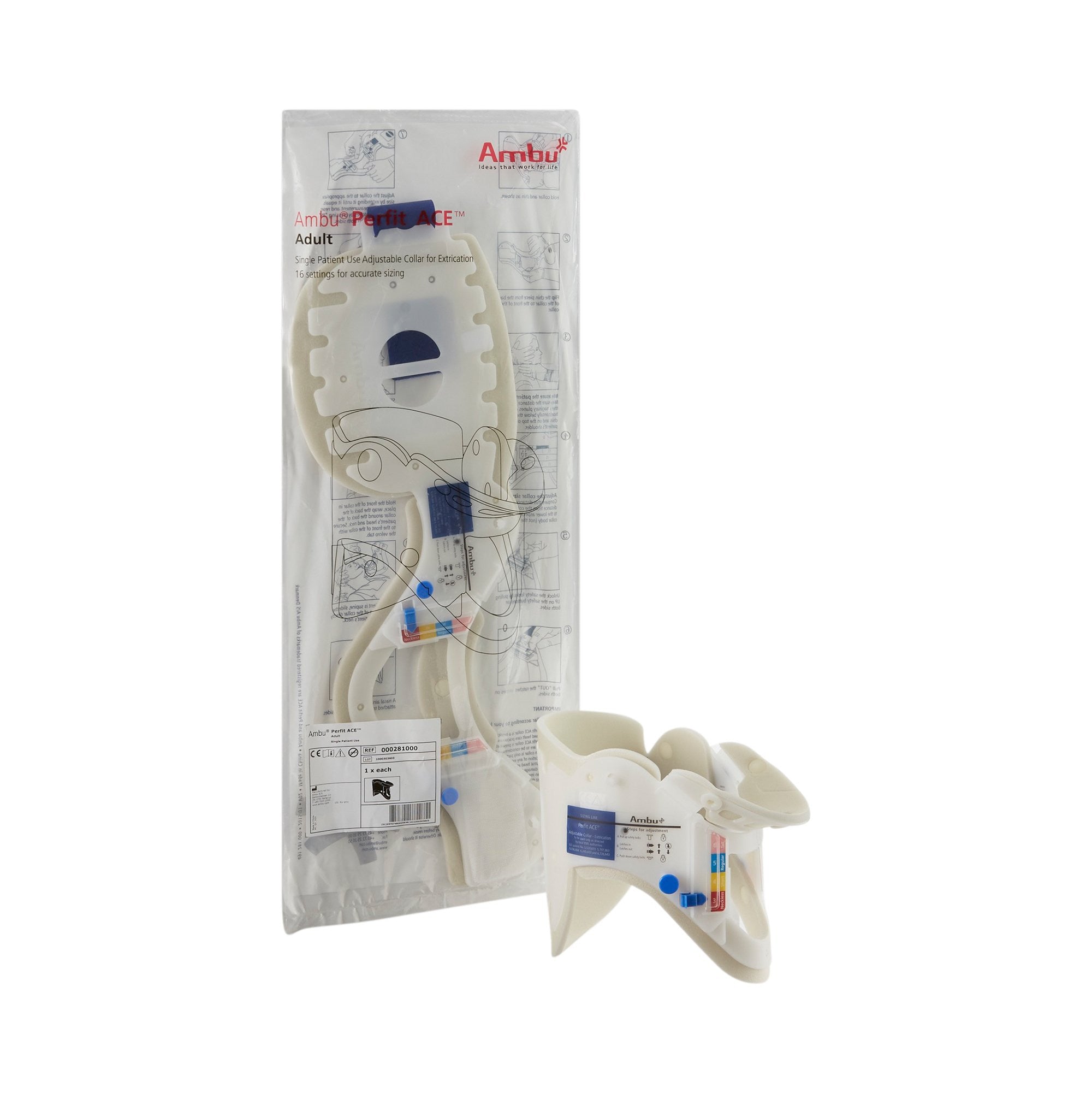 374576 - Ambu - Extrication Cervical Collar Ambu Perfit ACE Preformed Adult One Size One-Piece / Trachea Opening Adjustable Height Adjustable Neck Circumference 000281000 Case of 30, (CS)