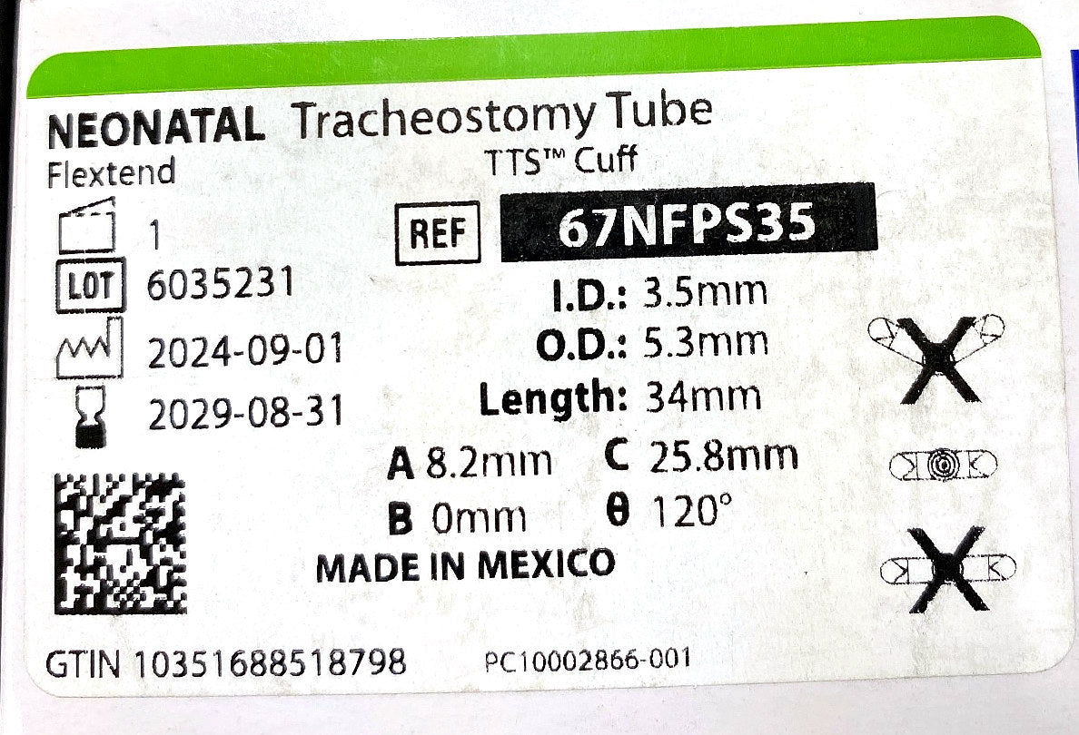 67NFPS35 - SMITHS MEDICAL - Bivona Uncuffed FlexTend Plus Trach Tubes - Tracheostomy Tube, Neonatal, Tight to Shaft, Flexible Straight Neck, 3.5 mm, (BX/1)