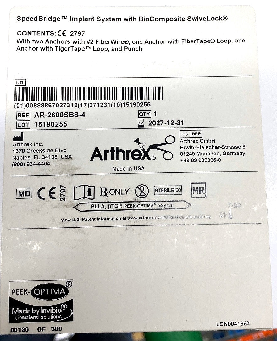 AR-2600SBS-4 - ARTHREX - SPEEDBRG IMP SYS W/BIO-COMP SWVLK, (BX/1)
