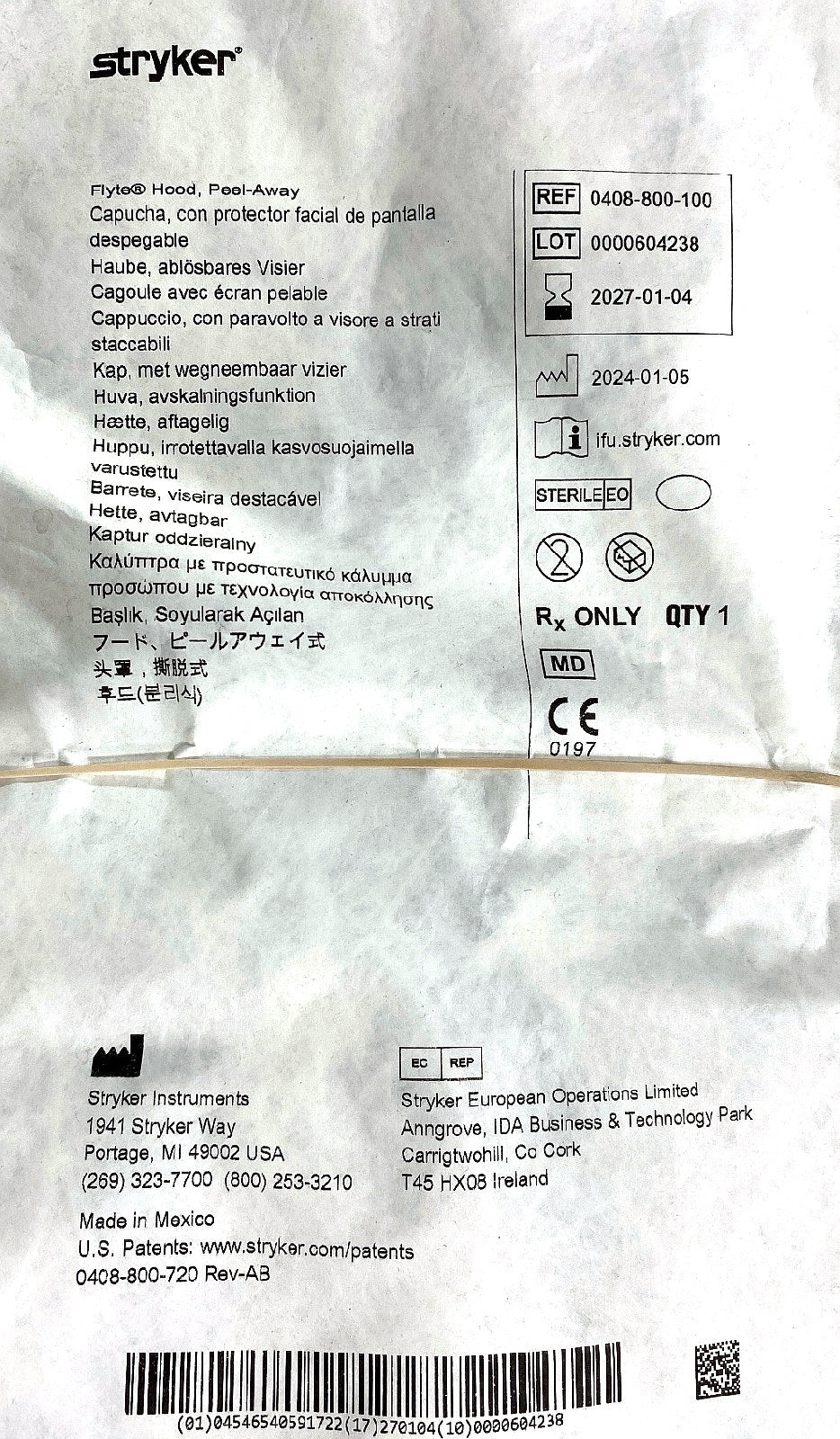 0408-800-100 - STRYKER - Hood, Peel-Away, (EA/1)