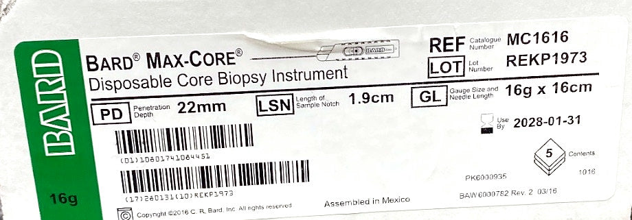 MC1616 - BARD - MAX-CORE® Disposable Core Biopsy Instrument, 16g x 16cm, (BX/5)