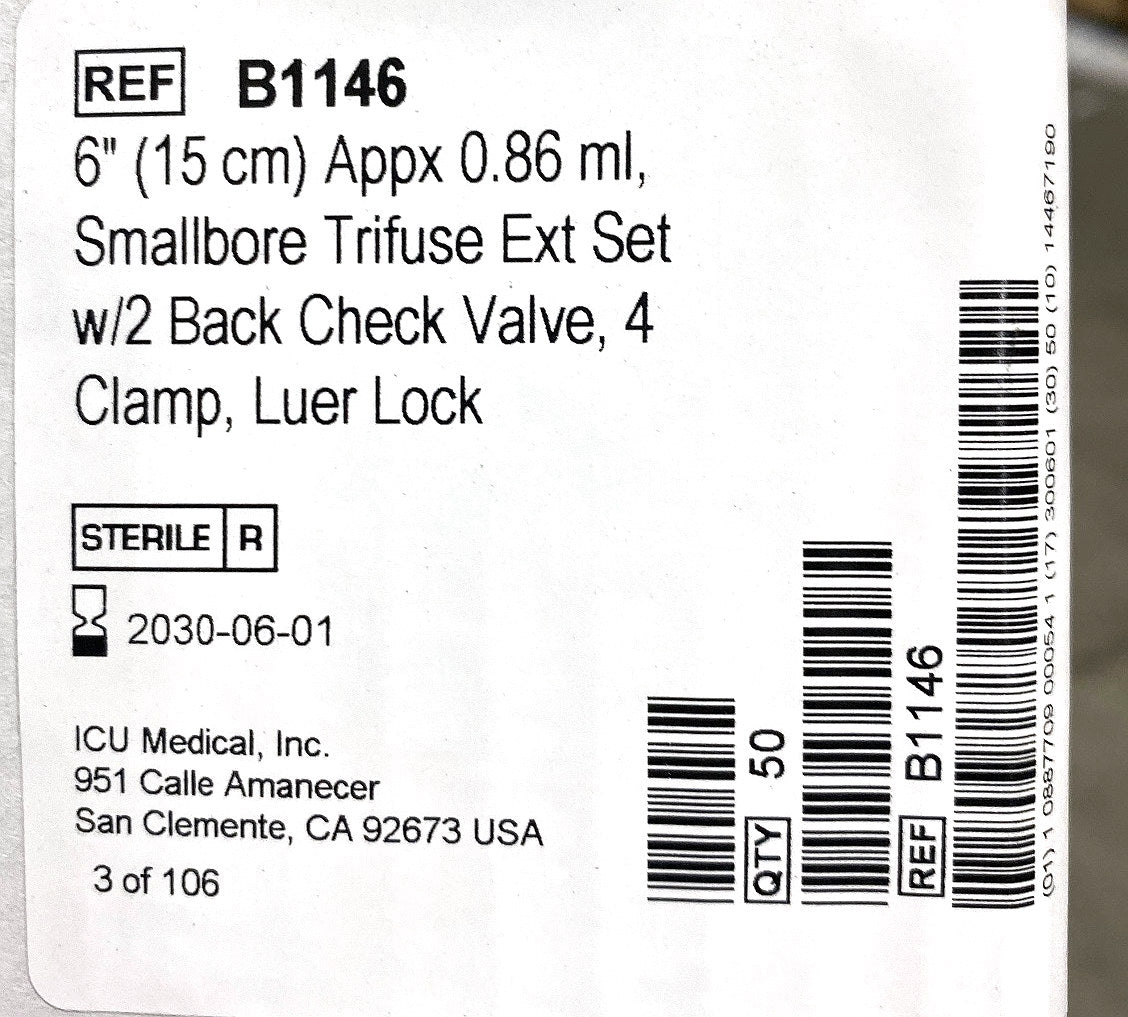 B1146 - ICU MEDICAL - 6" (15 cm) Appx 0.65 ml, Smallbore Trifuse Ext Set w/2 Back Check Valve, 4 Clamp, Luer Lock, (BX/50)
