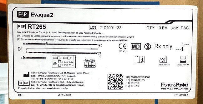 RT265 - FISHER & PAYKEL - Infant ventilator circuit (> 4 L/min) dual heated with MR290 autofeed chamber, (BX/10)