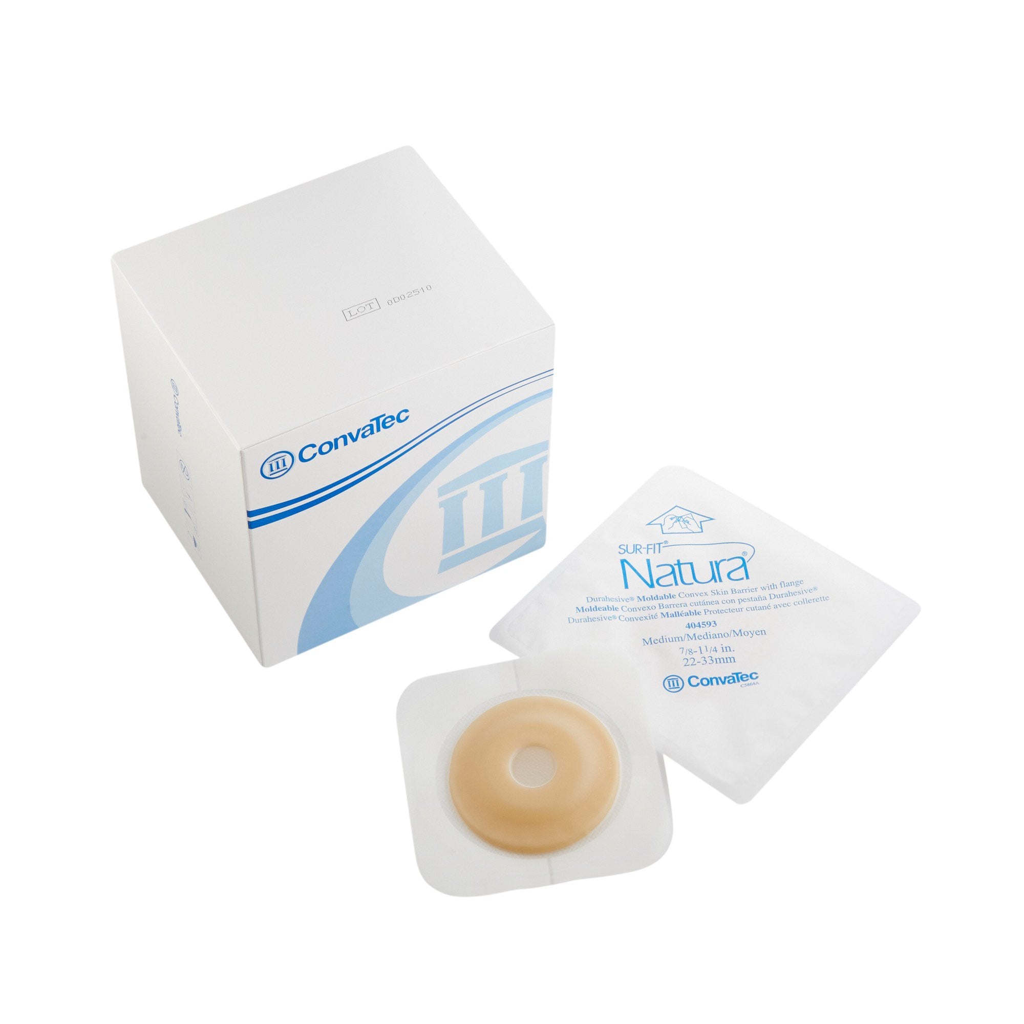 461894 - Sur-Fit Natura - Ostomy Barrier Sur-Fit Natura Durahesive Moldable, Extended Wear Acrylic Tape 45 mm Flange Sur-Fit Natura System Hydrocolloid 7/8 to 1-1/4 Inch Opening 4-1/2 x 4-1/2 Inch 404593 Pack of 1, (EA)